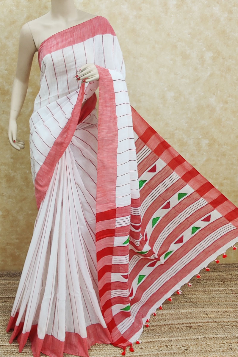 White Red colour Handloom Soft Cotton Saree (With Blouse) MC251807
